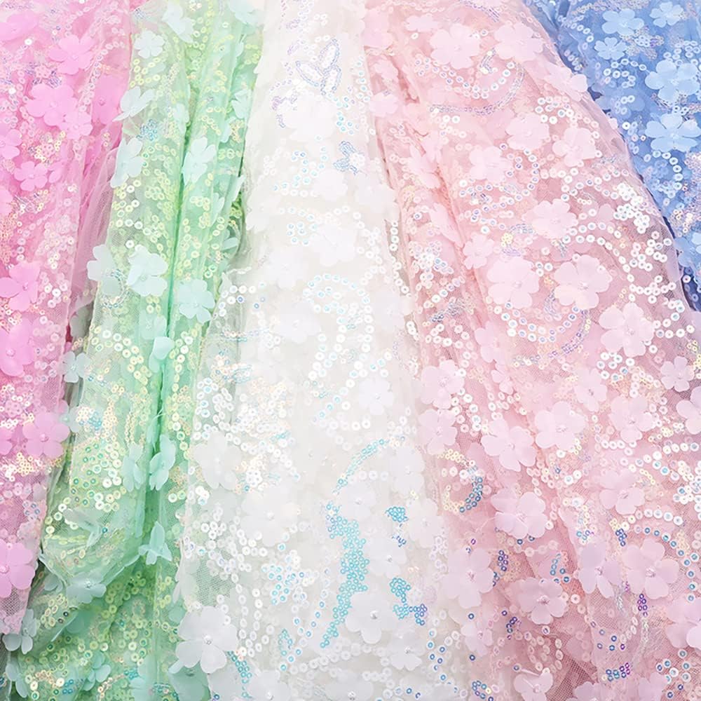 130cmx3 Yard Bestickter 3D-Pailletten-Blumen-Mesh-Stoff, Tüll Stoff Hochzeit Geburtstag Weihnachten
