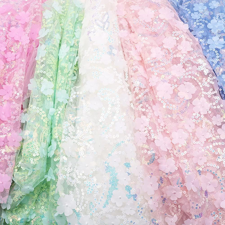 130cmx3 Yard Bestickter 3D-Pailletten-Blumen-Mesh-Stoff, Tüll Stoff Hochzeit Geburtstag Weihnachten