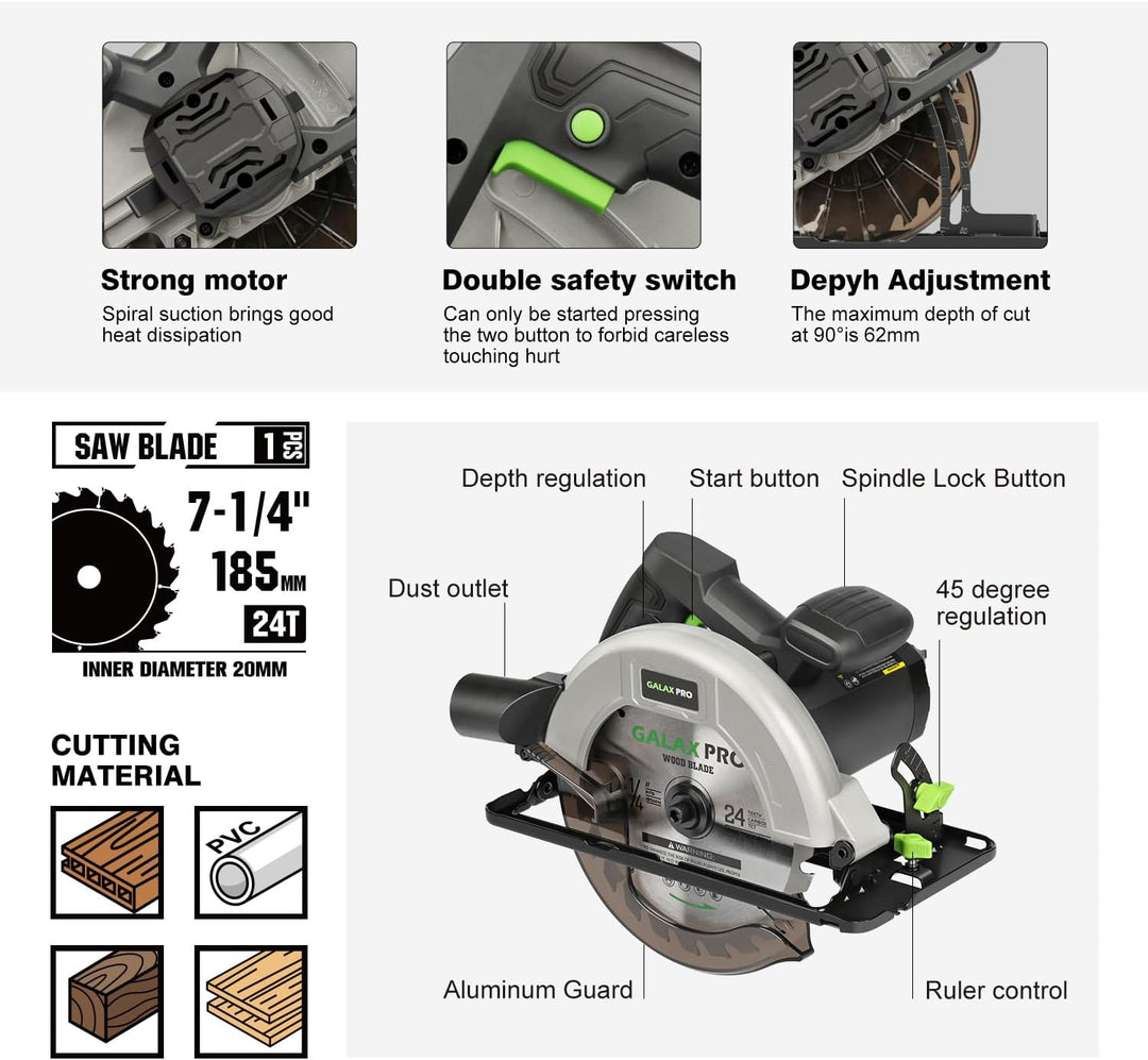 GALAX PRO 1400W Kreissägen, Maximale 6000RPM, Einstellbare Schnitttiefe und -winkel: 62 mm (90°) - 4