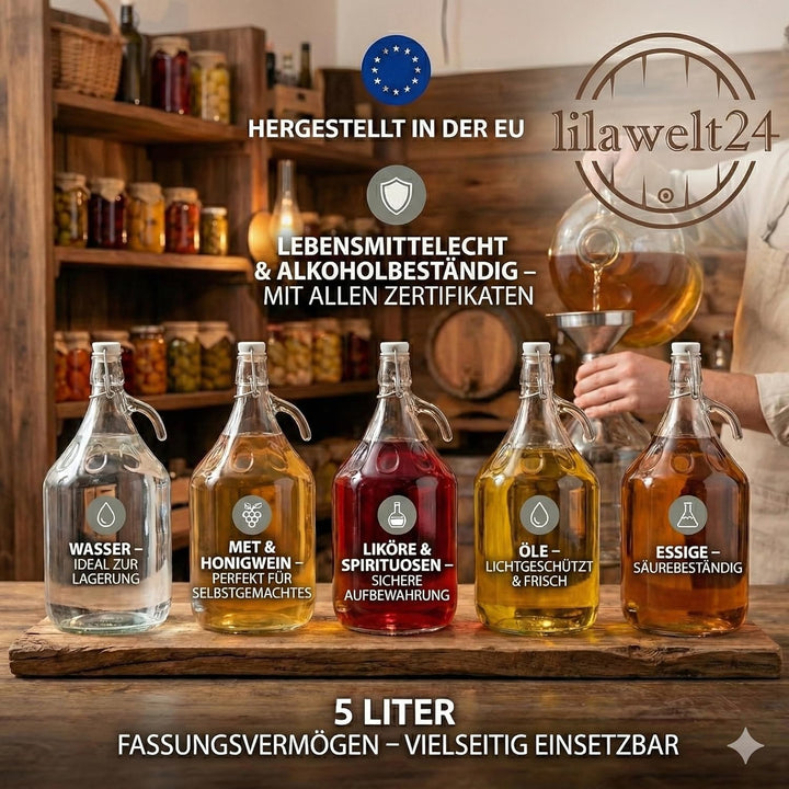 lilawelt24 4 STÜCK 5L Gärballon mit BÜGELVERSCHLUSS Flasche Glasballon Weinballon Bügelflasche Glasf