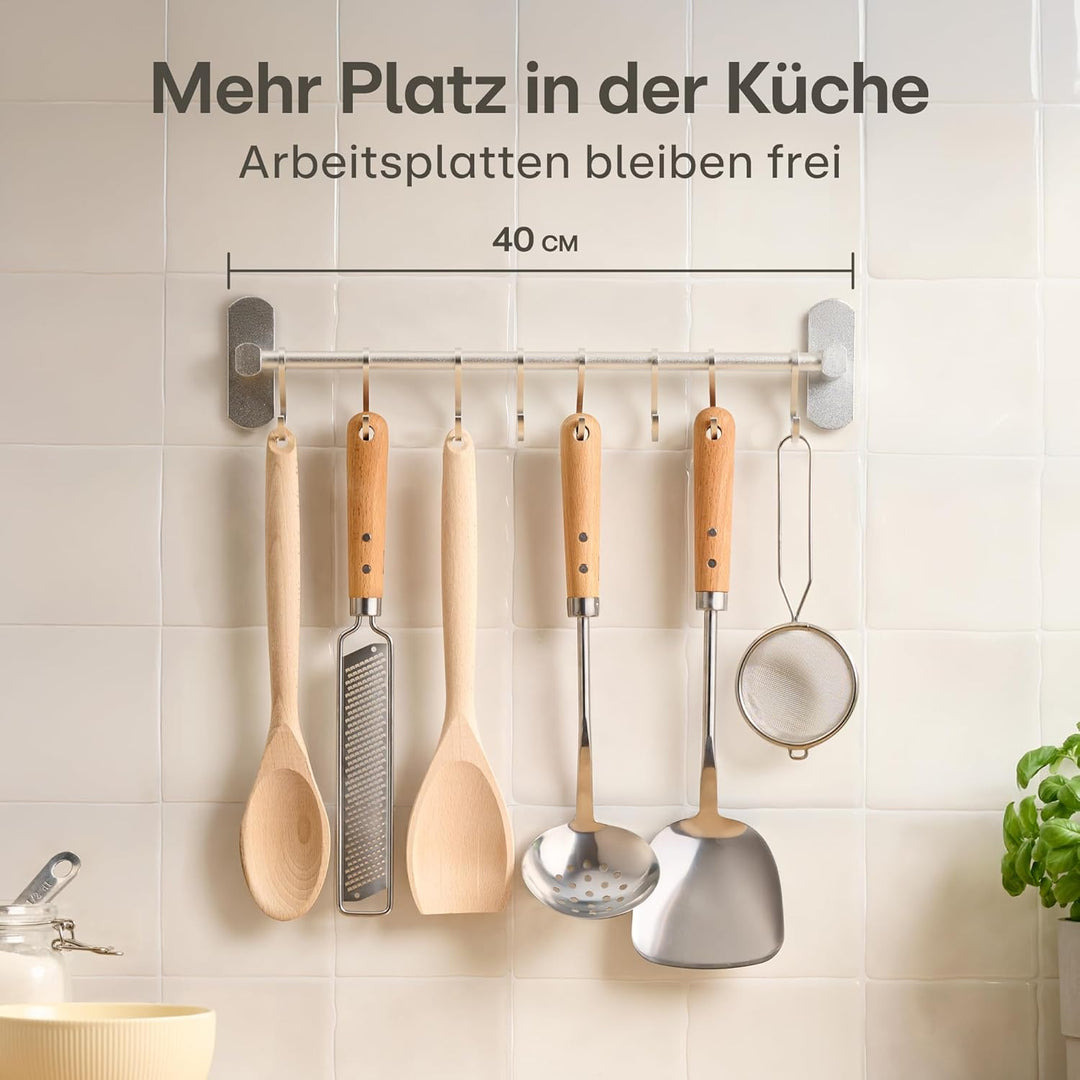 Hakenleiste für Küchenutensilien mit 8 Haken - Ohne Bohren - Selbstklebend - 40 cm - Verstellbar