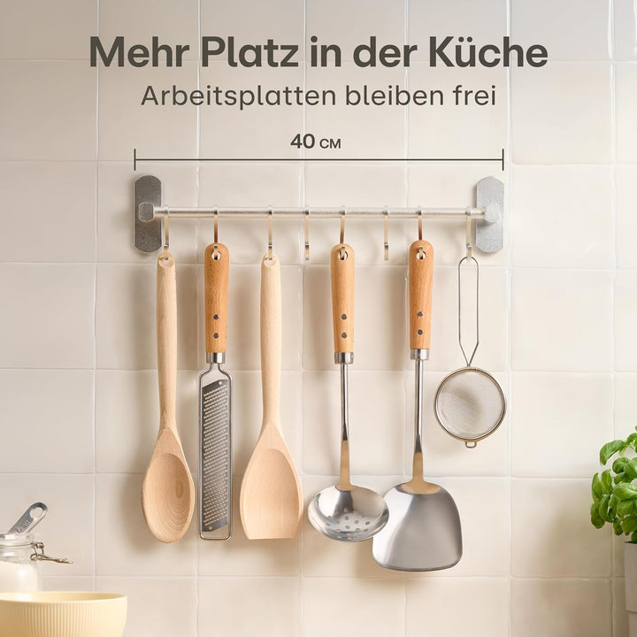Hakenleiste für Küchenutensilien mit 8 Haken - Ohne Bohren - Selbstklebend - 40 cm - Verstellbar