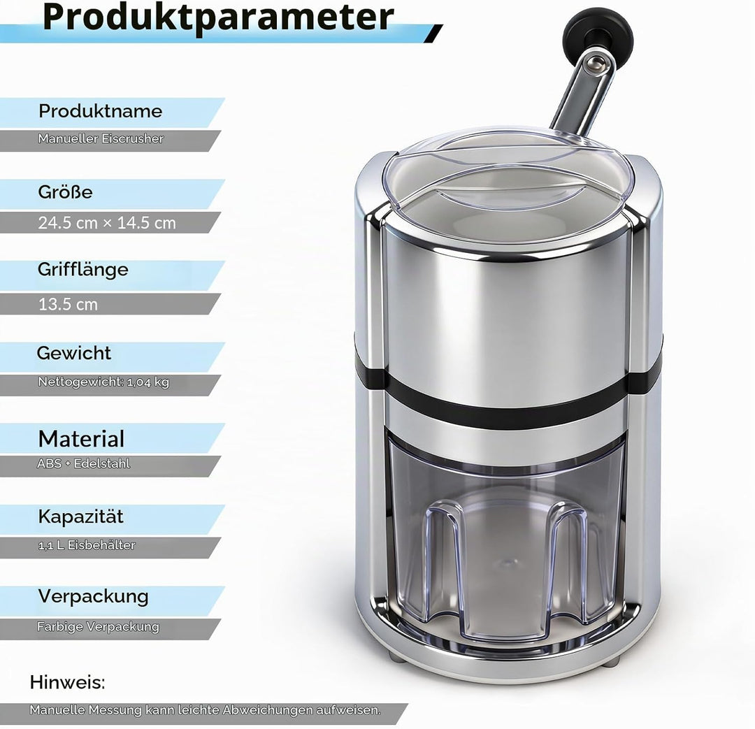 Ice Crusher, Manueller Eiscrusher Edelstahl 1,1 L, Crushed Ice Maker mit Handkurbel, Edelstahl Manue