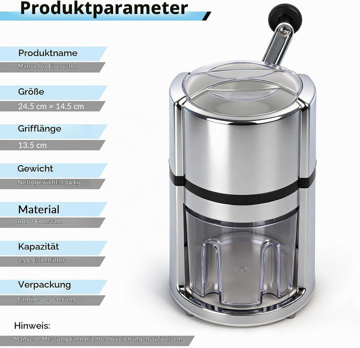 Ice Crusher, Manueller Eiscrusher Edelstahl 1,1 L, Crushed Ice Maker mit Handkurbel, Edelstahl Manue