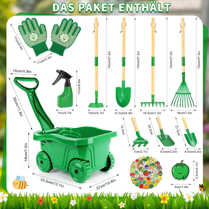 Schubkarre Kinder, Gartengeräte Kinder aus Holz, Gartenwerkzeug Kinder Abnehmbar mit Schaufel Harke