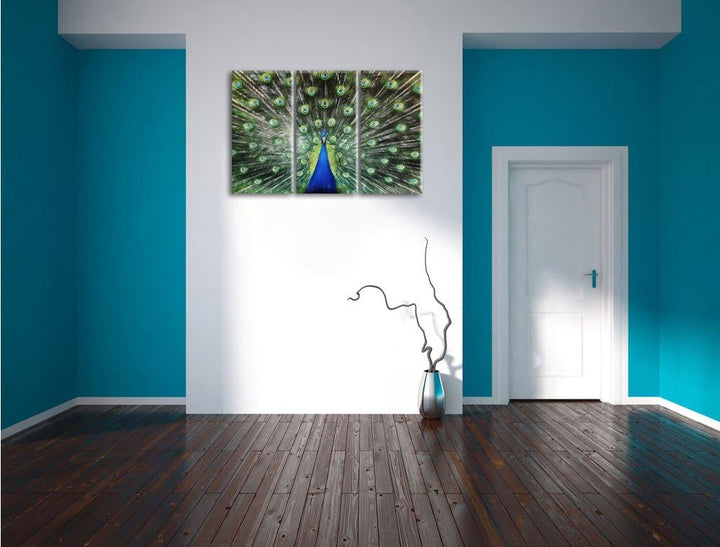 Pixxprint Schöner Pfau mit seinem Gefieder Kunst Buntstift Effekt 3-Teiler Leinwandbild 120x80 Bild