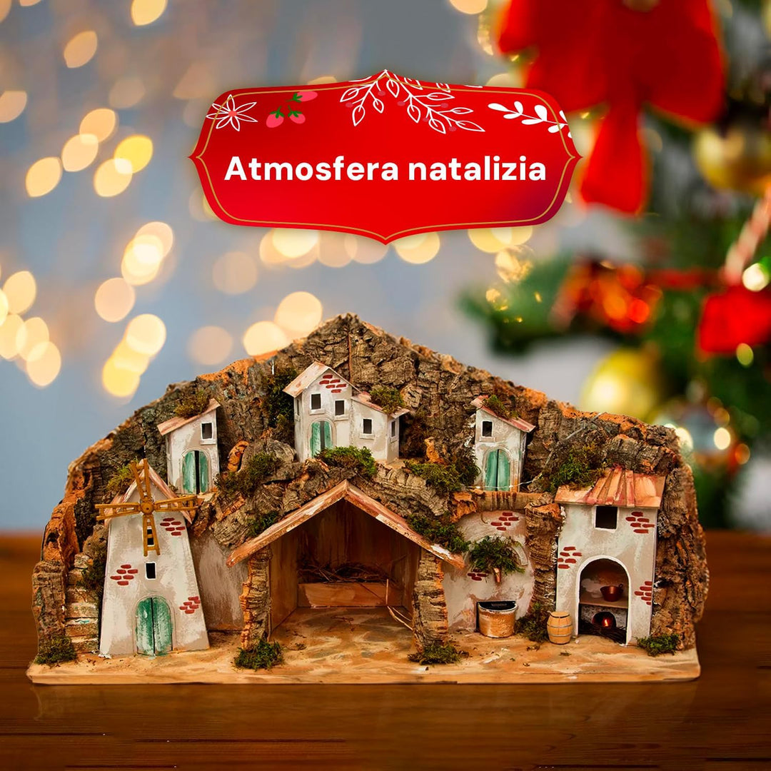 Avilia Neapolitanische Weihnachtskrippe mit Mühle, Brunnen und LED-Lichtern, 42 x 96 x 58 cm, handge