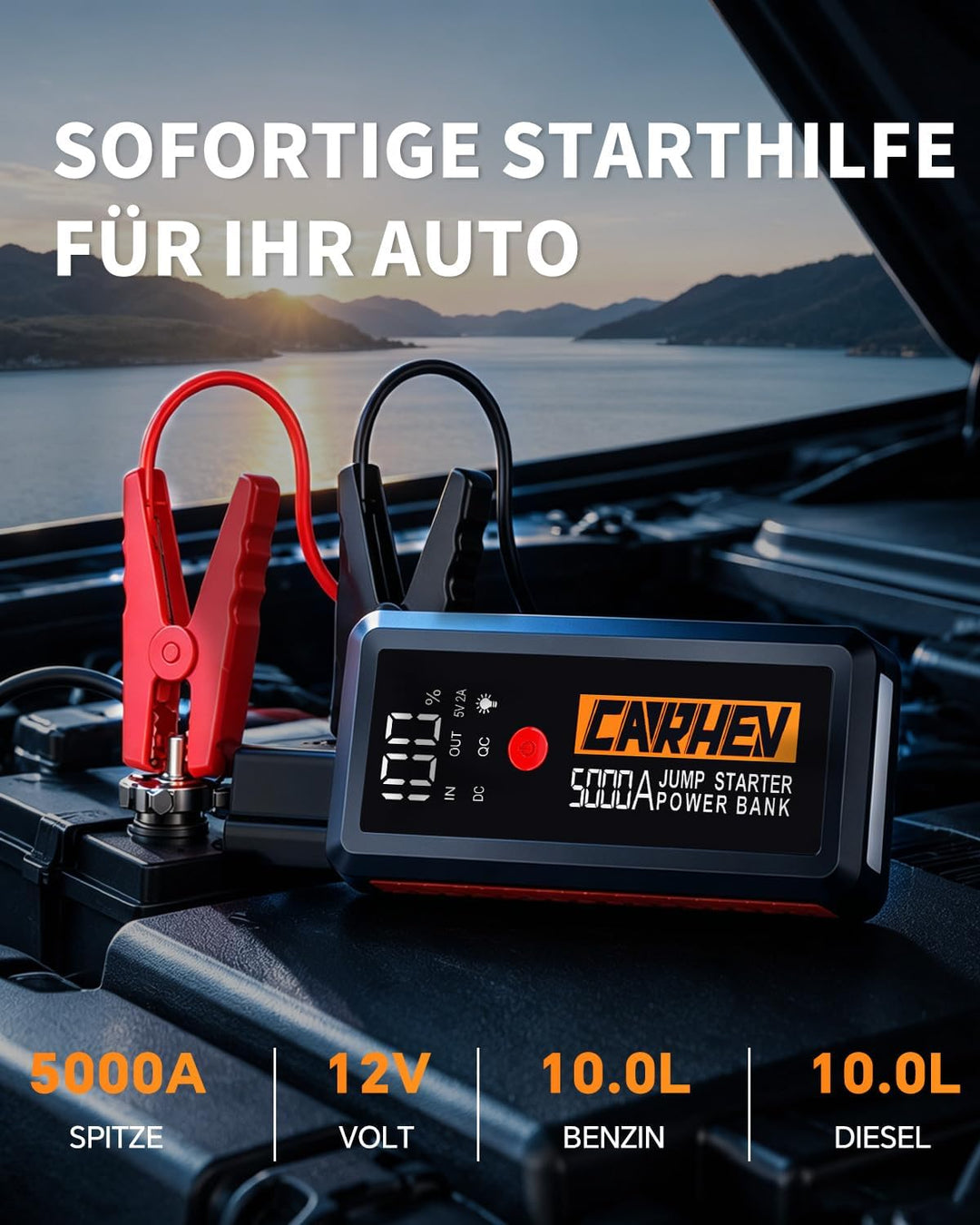 CARHEV Starthilfe Powerbank, 5000A Booster Auto Starthilfe, 12V Starter Powerbank(Bis zu 8.0L Benzin