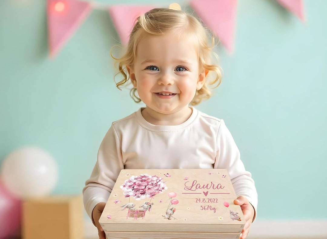 Little Deco Personalisierte Erinnerungskiste Baby Holzkiste | M - 30 x 20 x 13 cm | Hasen Geschenk G