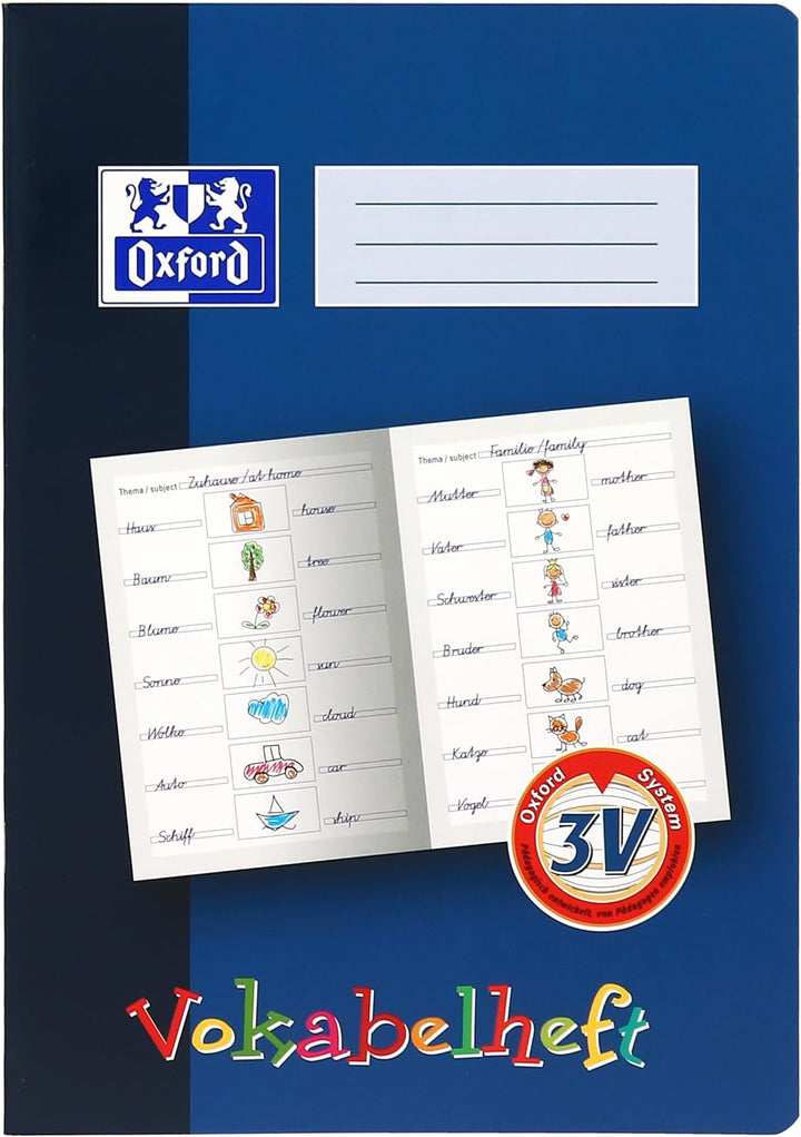 Oxford Vokabelheft, A4, Lineatur 3V (3.Klasse), 16 Blatt, blau, 10 Stück, Lineatur 3V