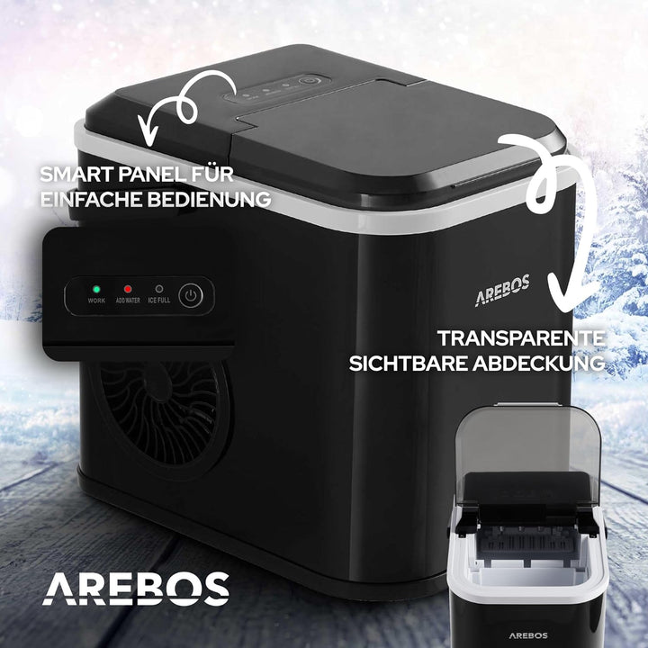 Arebos Eiswürfelmaschine | Ice Cube Maker | 12 kg / 24 h | 10-15 Minuten Produktionszeit | 1,1 Liter