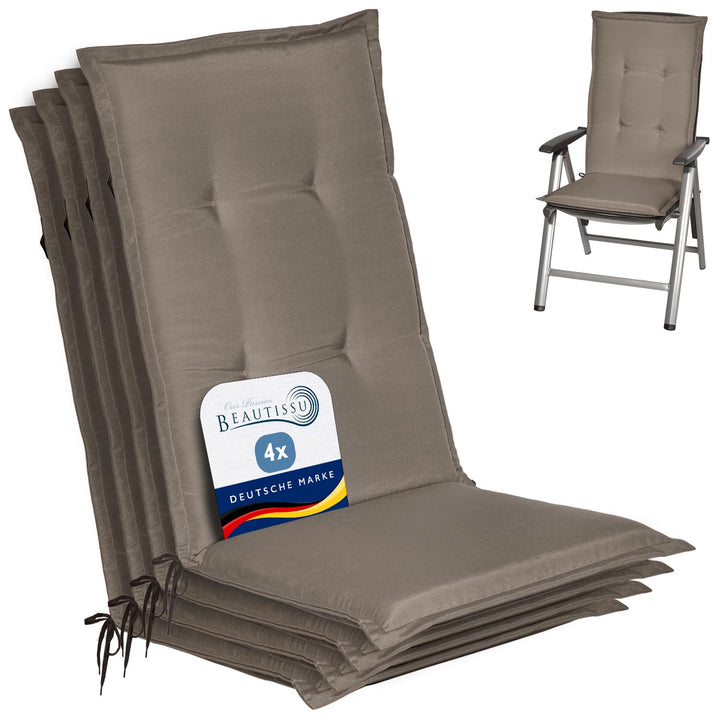 Beautissu 4er Set Gartenstuhlauflage Hochlehner Sitzpolster mit Schaumkern | 120x50x6cm Taupe weiche