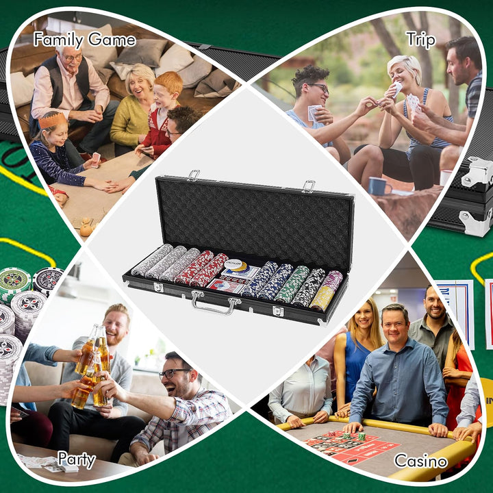 HOMASIS Pokerset mit 500 Chips, Alu Pokerkoffer mit 2 Kartendecks, 5 Würfeln, 3 Dealer Button & Matt