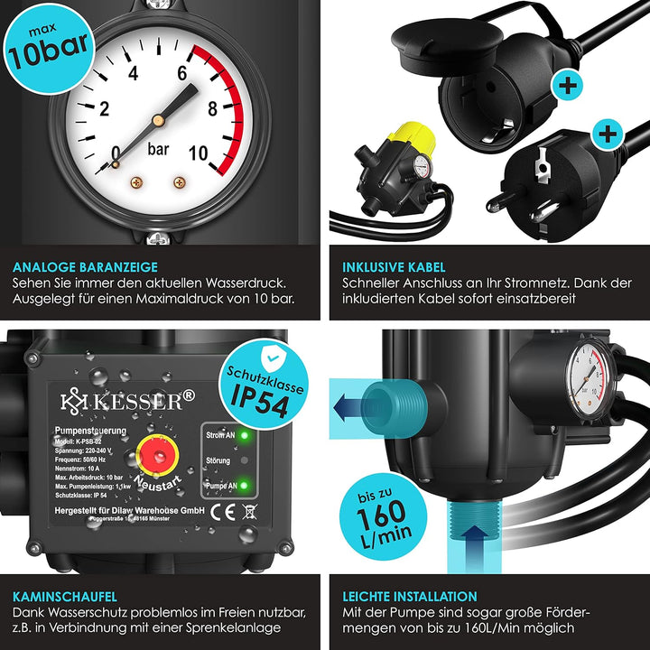 KESSER® Pumpensteuerung mit Baranzeige | mit Kabel | 10 bar Druckwächter Elektronische Pumpensteueru