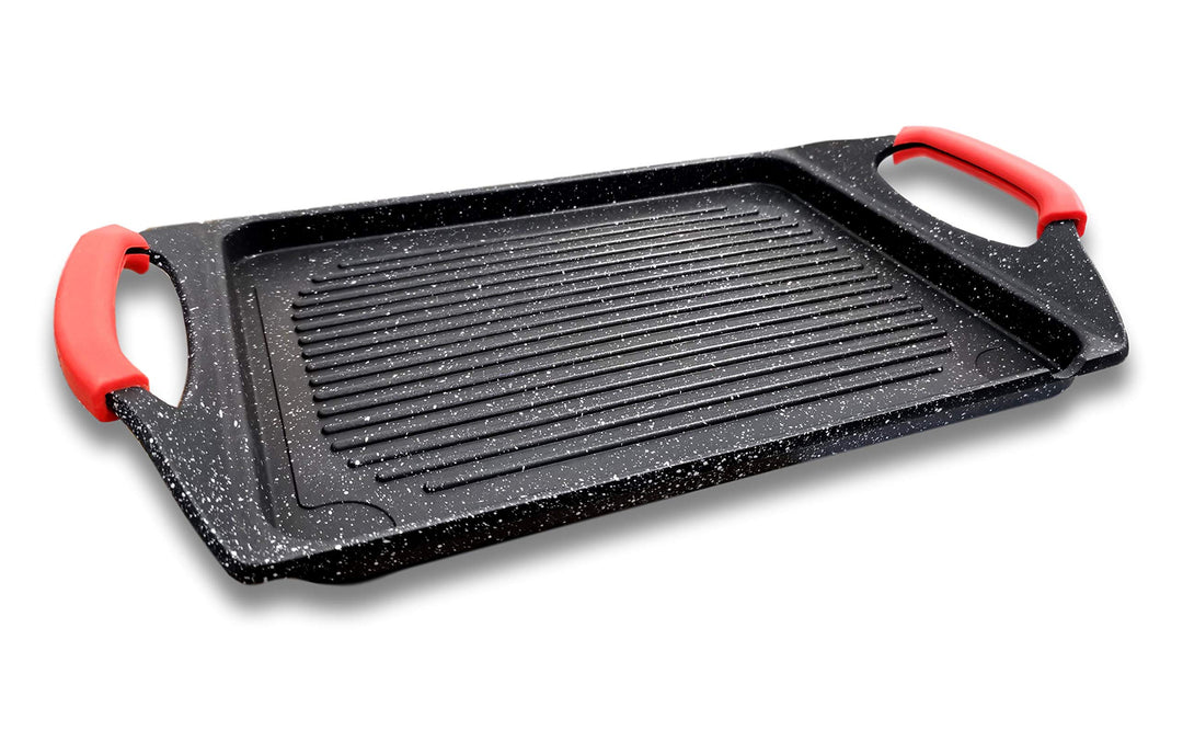 Greblon C3 Grillplatte in Steinoptik, 45 x 27 cm, ohne PFOA, abnehmbare Silikongriffe, alle Herdarte