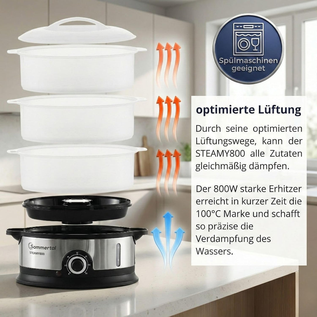 STEAMY 800 Dampfgarer elektrisch,16L XXL Dampftopf, 1200ml Wasserbehälter, 800W, BPA-frei, 3 Dampfga