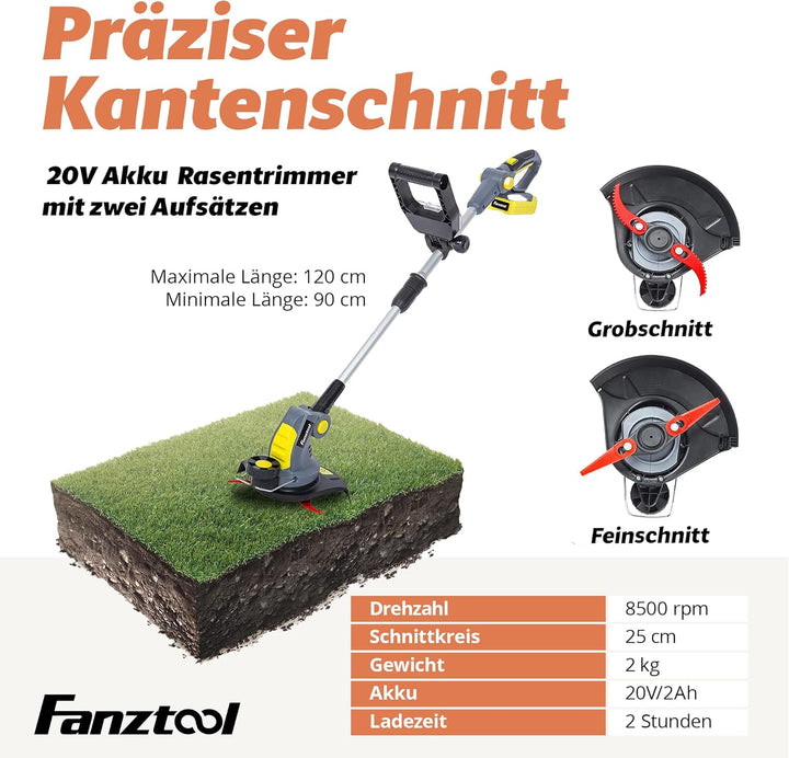 FANZTOOL Akku Rasentrimmer 20V, inkl. 2Ah Akku, Ladegerät, Gerade Messer für Glatt- und Feinschnitt
