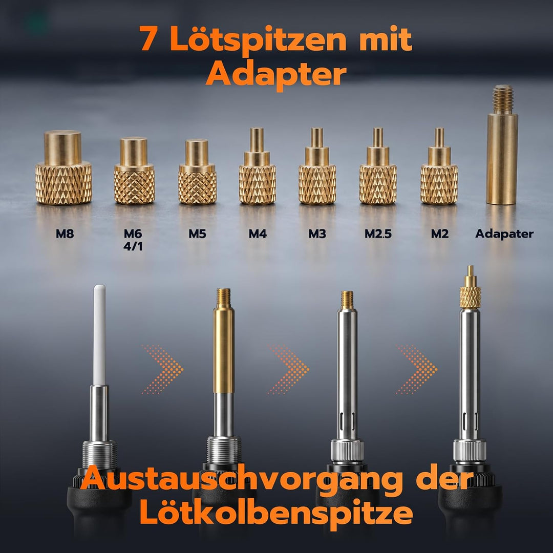 Digitales Lötkolben-Set, 60W, mit Gewindeeinsatz-Spitzen und 100 Stück M3x4x4,5 Gewindeeinsätze Iron