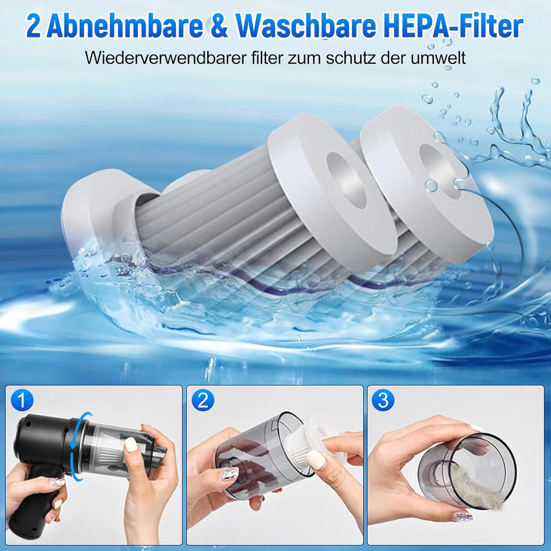 Handstaubsauger Akku Kabellos,9000Pa Aufladbar Tragbar Leicht Akkustaubsauger mit HEPA-Filter, 2-in-