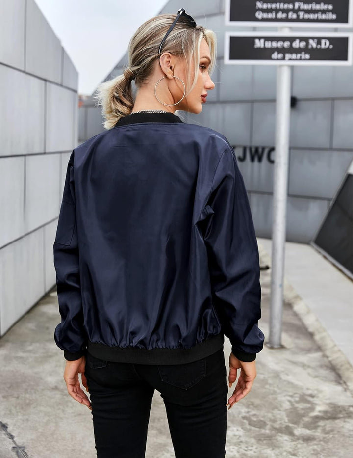Zeagoo Bomberjacke Damen Kurze Blouson Jacke Casual Pilotenjacke Langarm Outwear Zip Up Solid Leicht