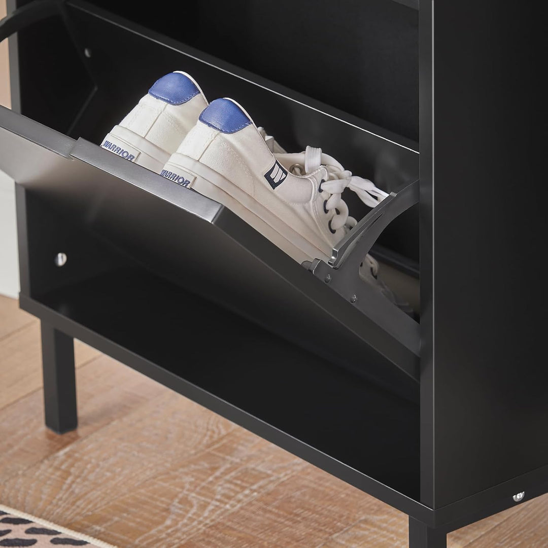 SoBuy Schuhschrank schmal mit 2 Klappen Platzsparender Schuhkipper Hoch Kommode Schuhregal geschloss
