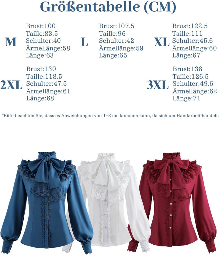 CR ROLECOS Viktorianische Bluse Damen Stehkragen Damen Mittelalter Rüschenbluse Vintage Bluse Blau M