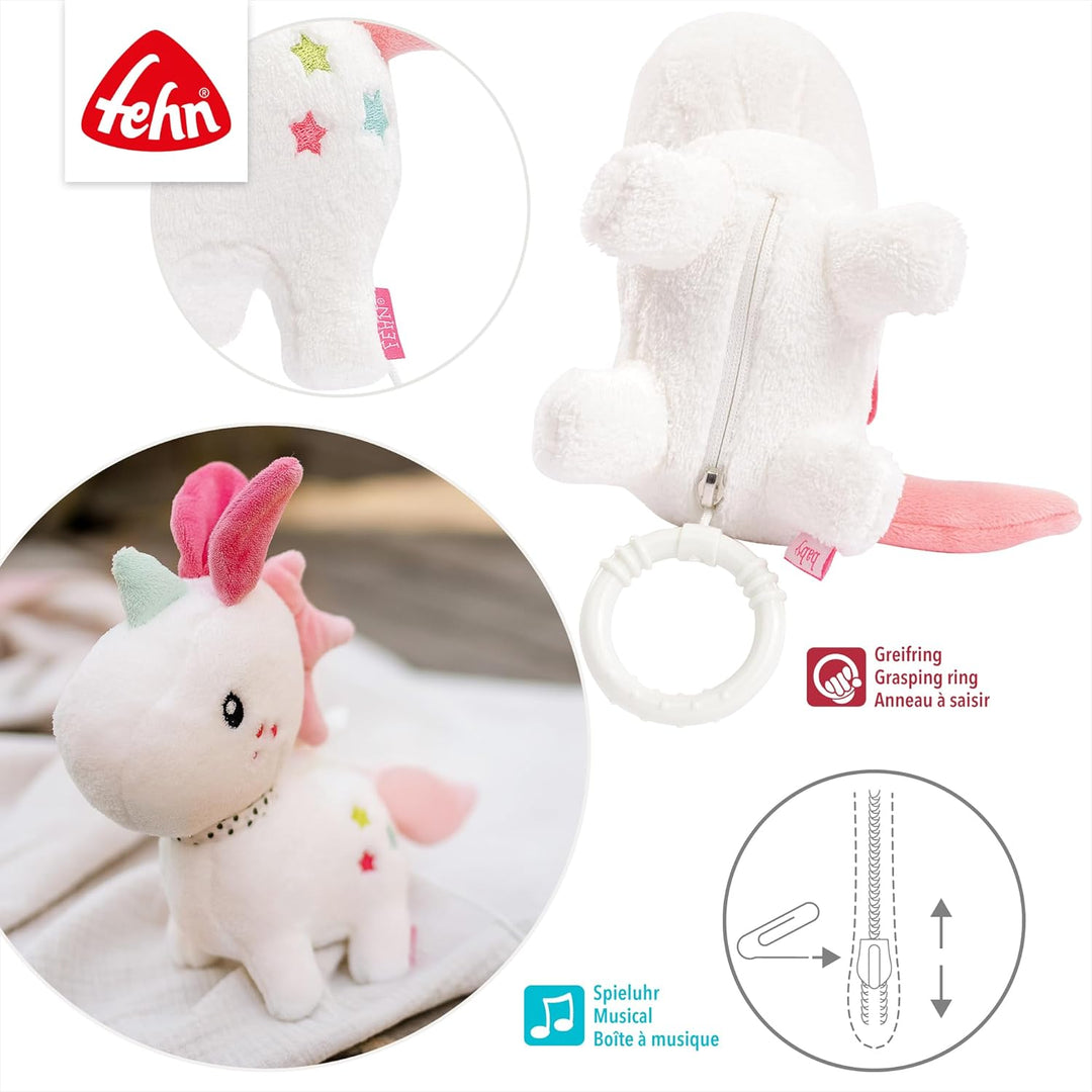 Fehn Spieluhr Baby Einschlafhilfe Einhorn - Kuscheltier mit sanfter Einschlafhilfe Melodie Brahms Wi