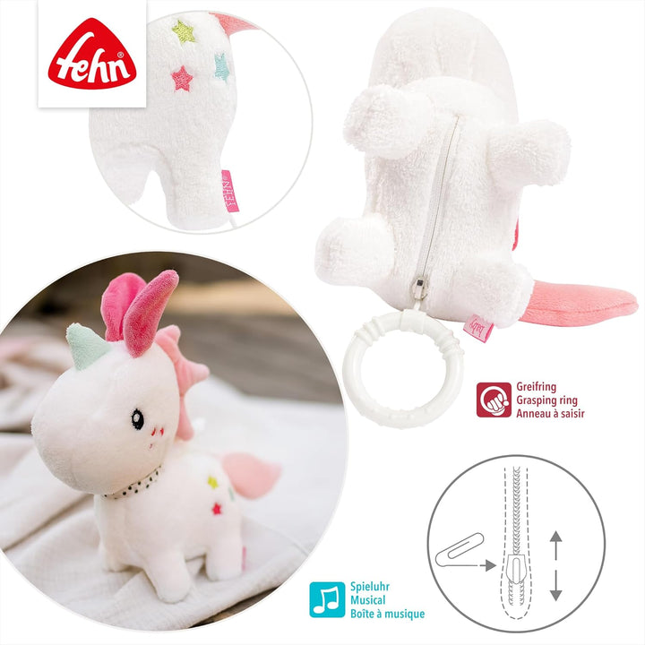 Fehn Spieluhr Baby Einschlafhilfe Einhorn - Kuscheltier mit sanfter Einschlafhilfe Melodie Brahms Wi