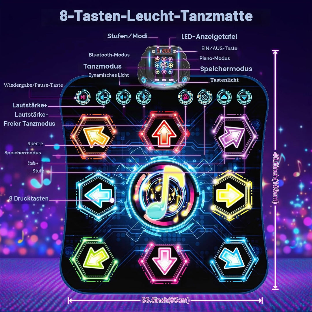 Tanzmatte für Kinder ab 3-12 Jahre, 2025 Leuchtendes 8 Tasten Tanzmatte mit Bluetooth, Verbessertes