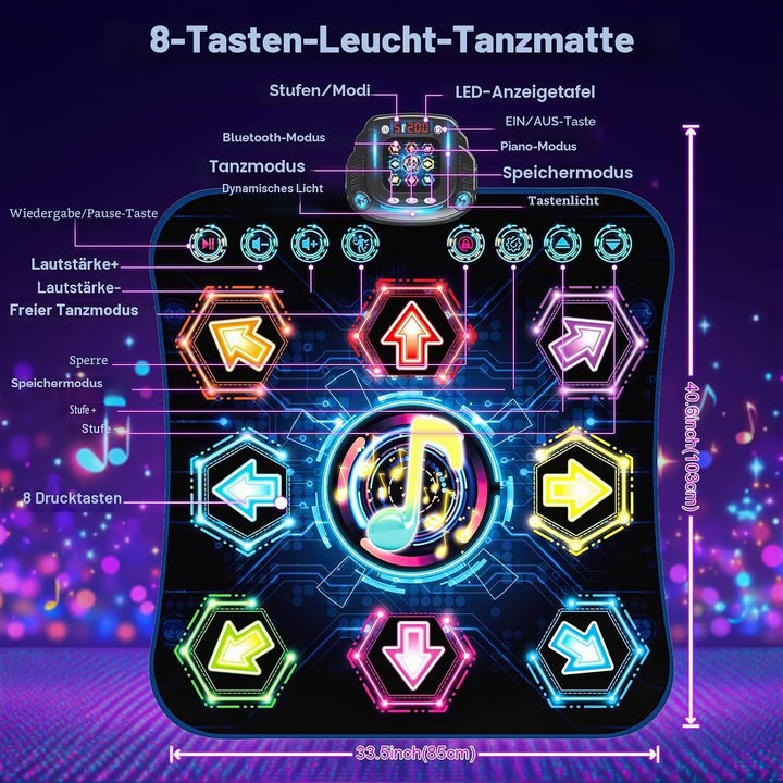 Tanzmatte für Kinder ab 3-12 Jahre, 2025 Leuchtendes 8 Tasten Tanzmatte mit Bluetooth, Verbessertes