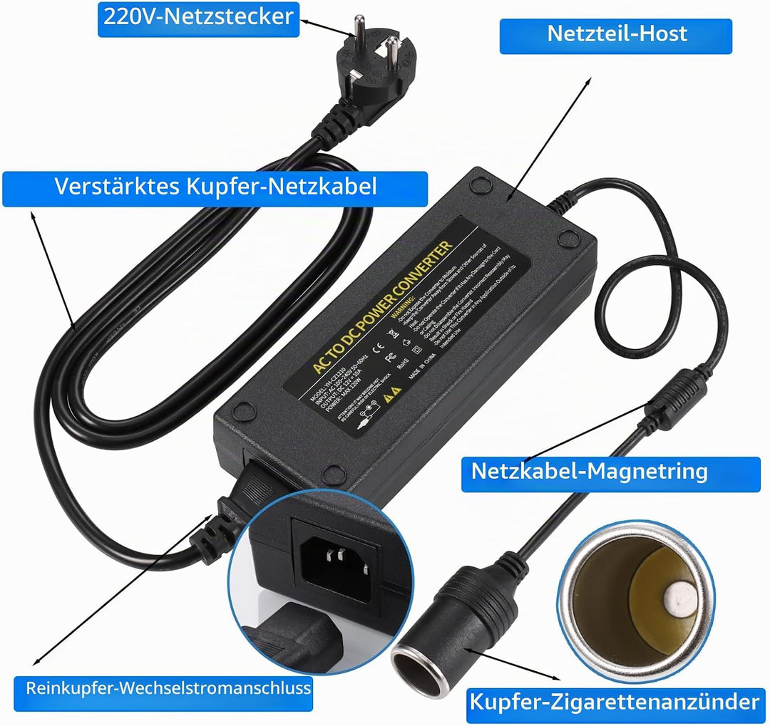 JIZZU 120W 10A KFZ Netzadapter Spannungswandler 230V auf 12V Adapter für Kühlbox, Haushalt Stromrich