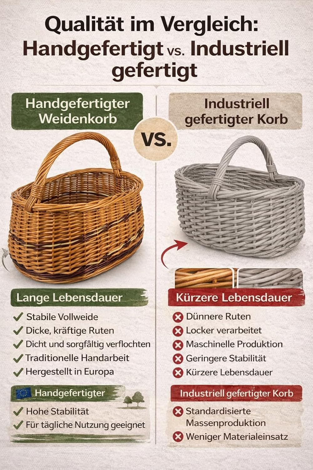 Weidenkorb mit Henkel WIKLER gross 44x27x23/38 cm – Handgefertigter Einkaufskorb aus Weide, stabiler
