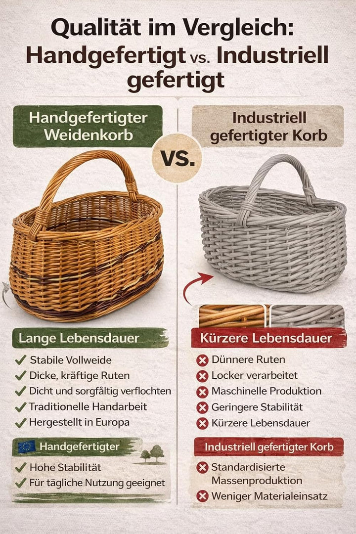 Weidenkorb mit Henkel WIKLER gross 44x27x23/38 cm – Handgefertigter Einkaufskorb aus Weide, stabiler