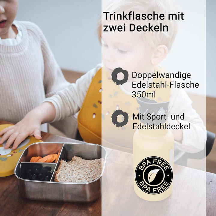 kikadu Trinkflasche Hase Senfgelb - - Kindergeschirr, BPA-frei, 18/8 Edelstahl, mit niedlichen Aufdr