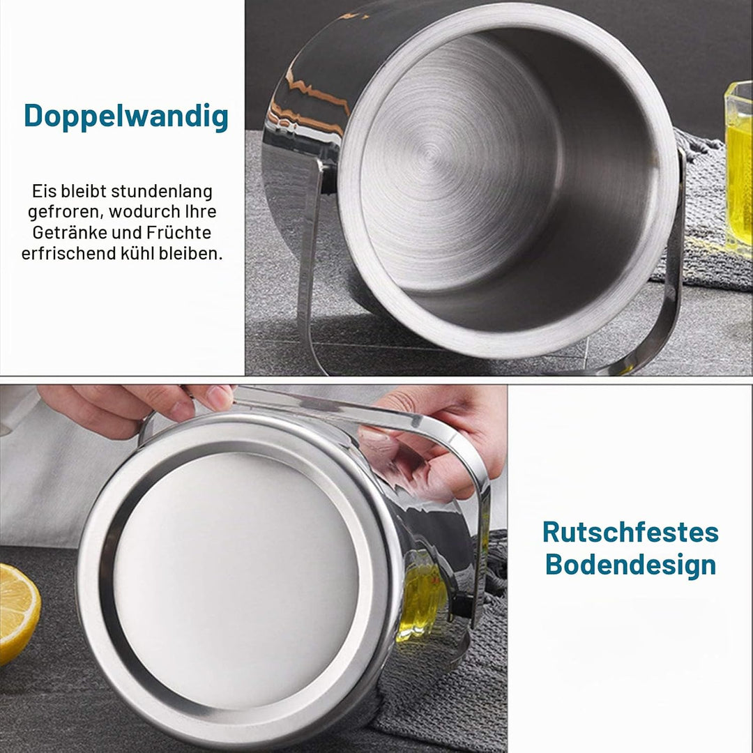 Emsmil Eiseimer mit Deckel Zange und Sieb 3L Eiskübel Edelstahl Eisbehälter Sektkühler Eiswürfelbehä