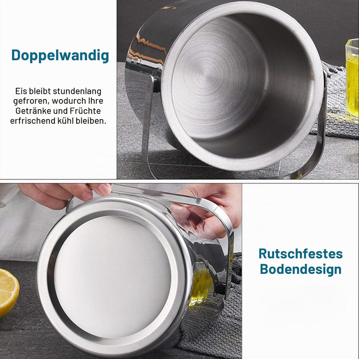 Emsmil Eiseimer mit Deckel Zange und Sieb 3L Eiskübel Edelstahl Eisbehälter Sektkühler Eiswürfelbehä