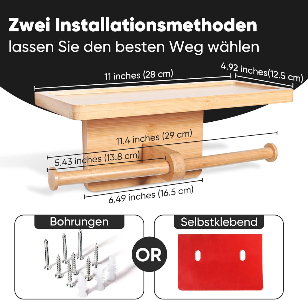 Toilettenpapierhalter Bambus, Doppelrollenhalter Klopapierhalter Ohne Bohren mit Ablage, Schnelle In