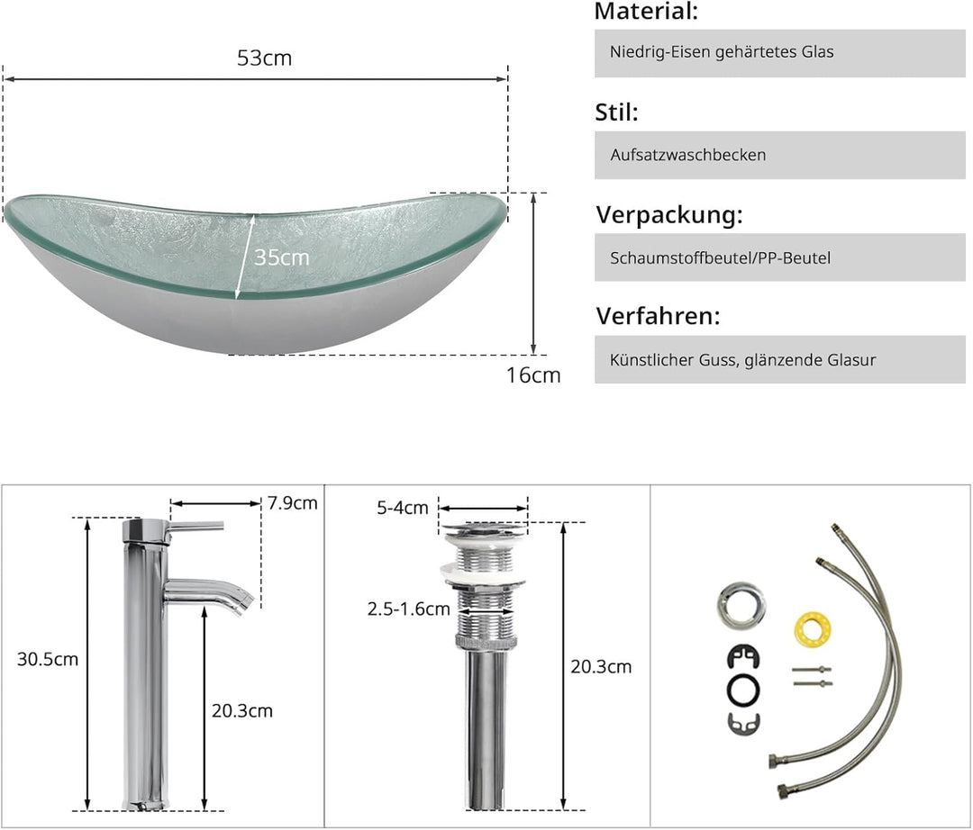 ARTETHYS Waschbecken Glas Aufsatzwaschbecken mit Wasserhahn Ablaufgarnitur, Oval Waschschale Waschti