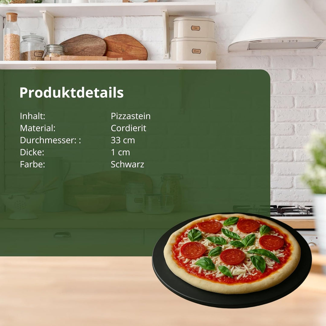 HeRo24 Pizzastein 33 cm aus Cordierit – schwarz glasiert – hitzebeständiger Backstein für Pizza, Fla