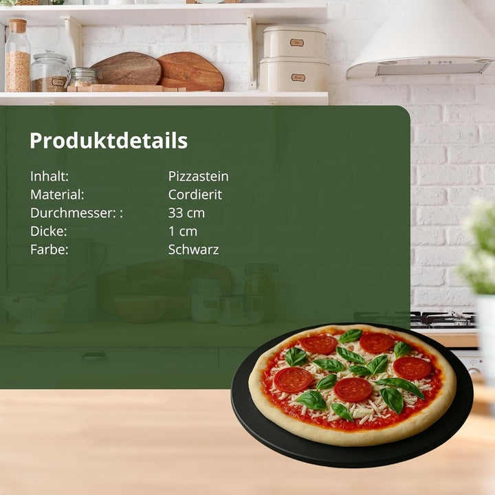 HeRo24 Pizzastein 33 cm aus Cordierit – schwarz glasiert – hitzebeständiger Backstein für Pizza, Fla