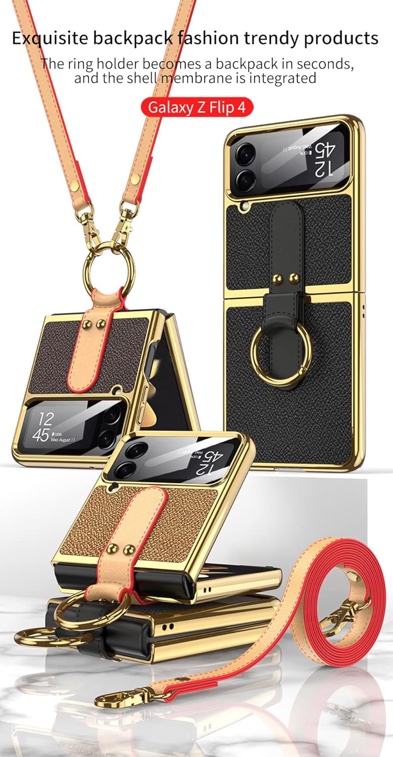 CeeEee Kompatibel mit Galaxy Z Flip 4 Hülle 5g 2022 Cover Klappbar Leder mit Ring und Umhängeriemen