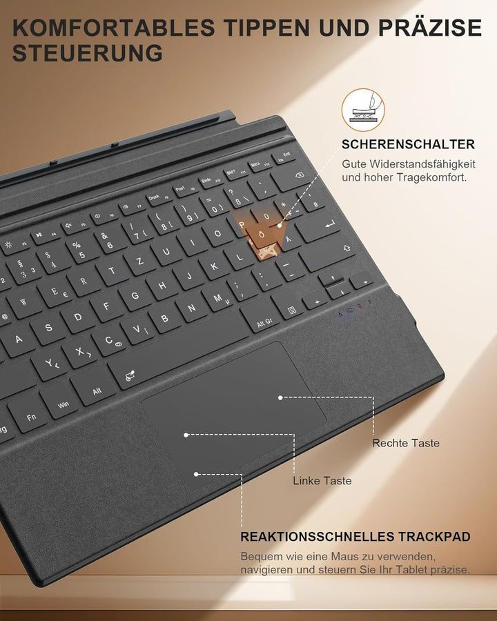 MoKo Touchpad Tastatur für Microsoft Surface Pro 7+/7/6/5/4/3, QWERTZ Layout Kabellose Bluetooth Typ