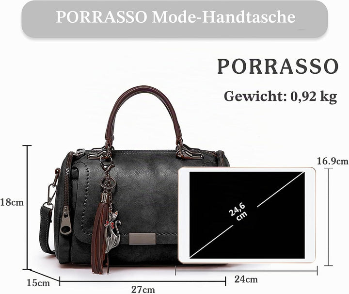 PORRASSO Retro Handtasche Damen Umhängetaschen Frauen Schultertaschen Wasserdicht PU Leder Henkeltas