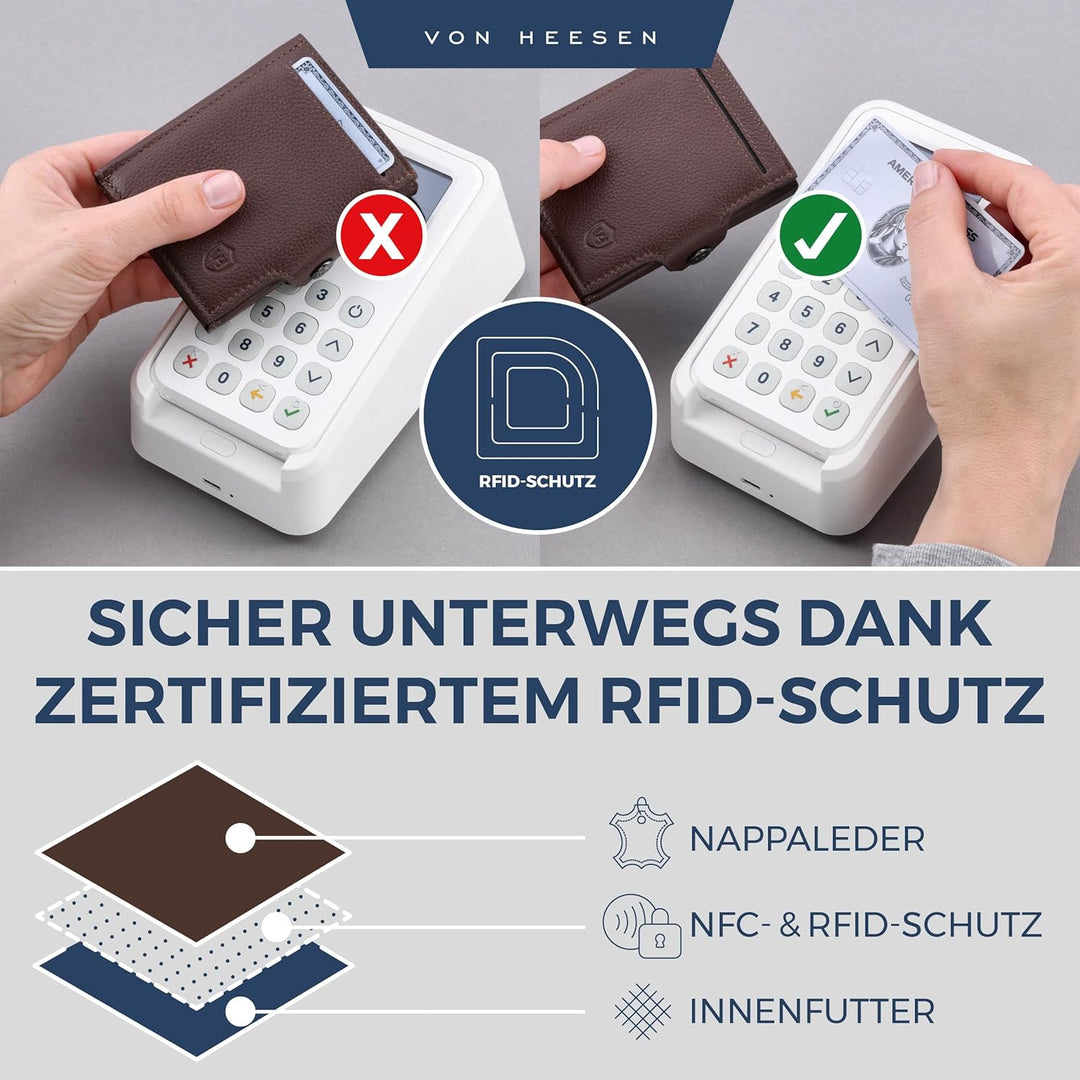 VON HEESEN Slim Wallet mit XXL Münzfach & RFID-Schutz - Leder Geldbeutel - Mini Geldbörse für Herren