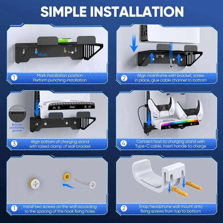 RGB Wandhalterung für PS5/Pro/Slim mit doppelter Controller-Ladestation, PlayStation 5 Halterung für