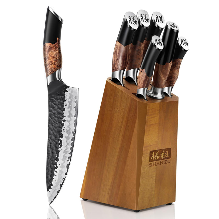 SHAN ZU Messerset 7 teilig, Japanisches Küchenmesser Set mit Block, 7 Schichten Hochwertigem Carbon