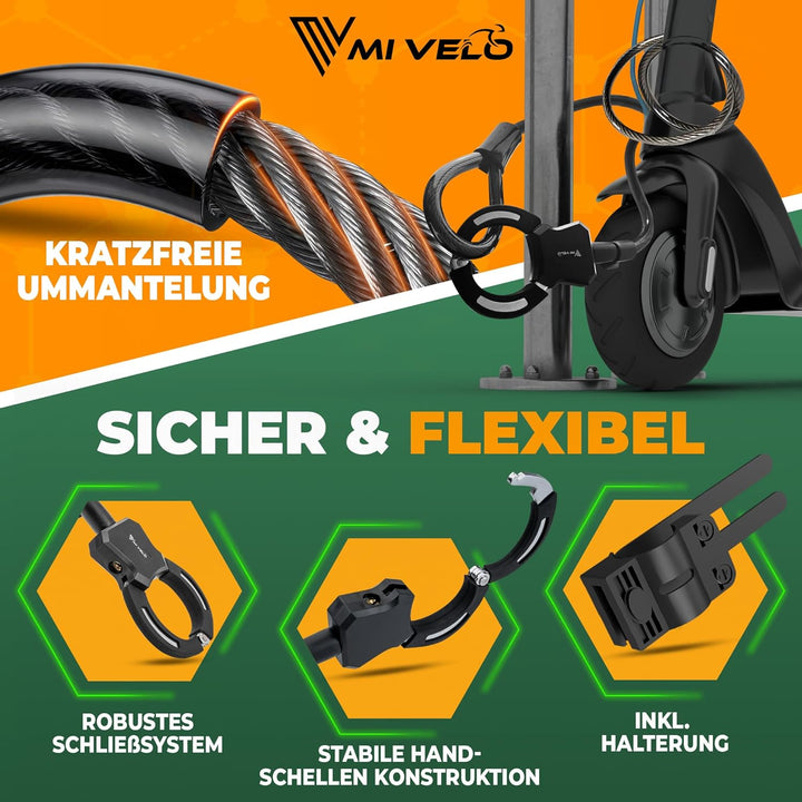 MIVELO E-Scooter Schloss I Handschellenschloss (120cm lang) mit Schlüssel I Schloss für E-Scooter in