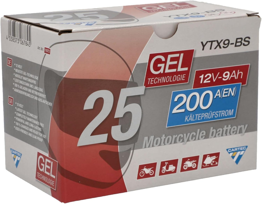 CARTEC Motorradbatterie YTX9-BS, 8Ah, 135A, Gel Technologie Motorrad-Starter-Batterie, Erstausrüster