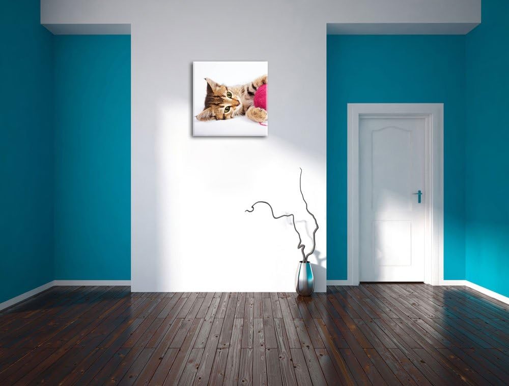 Kätzchen mit Wollknäul, Format: 70x70 auf Leinwand, XXL riesige Bilder fertig gerahmt mit Keilrahmen