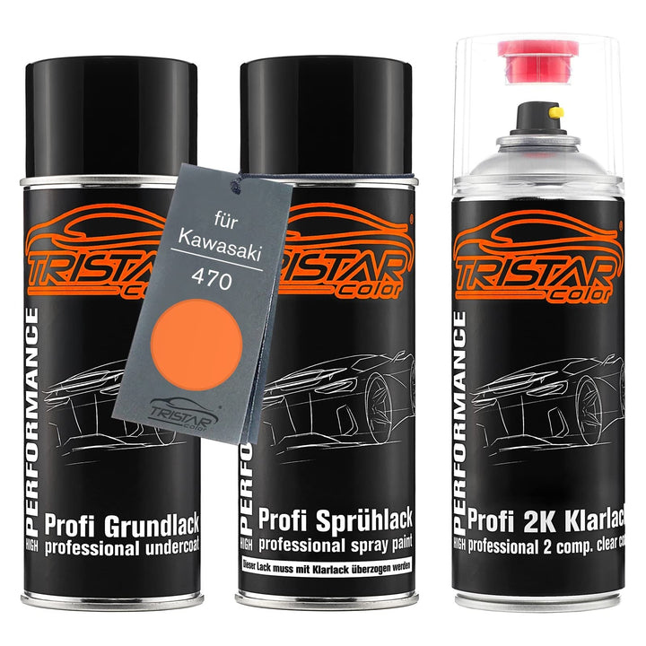 TRISTARcolor Motorradlack 2K Spraydosen Set für Kawasaki 470 Blazing Orange Perl Grundlack Basislack